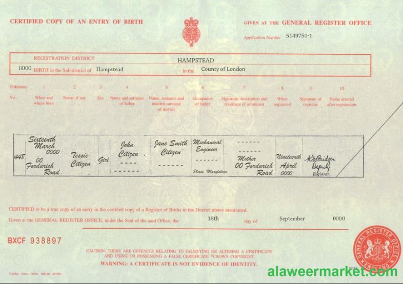 United Kingdom birth certificate template in PSD format, fully editable